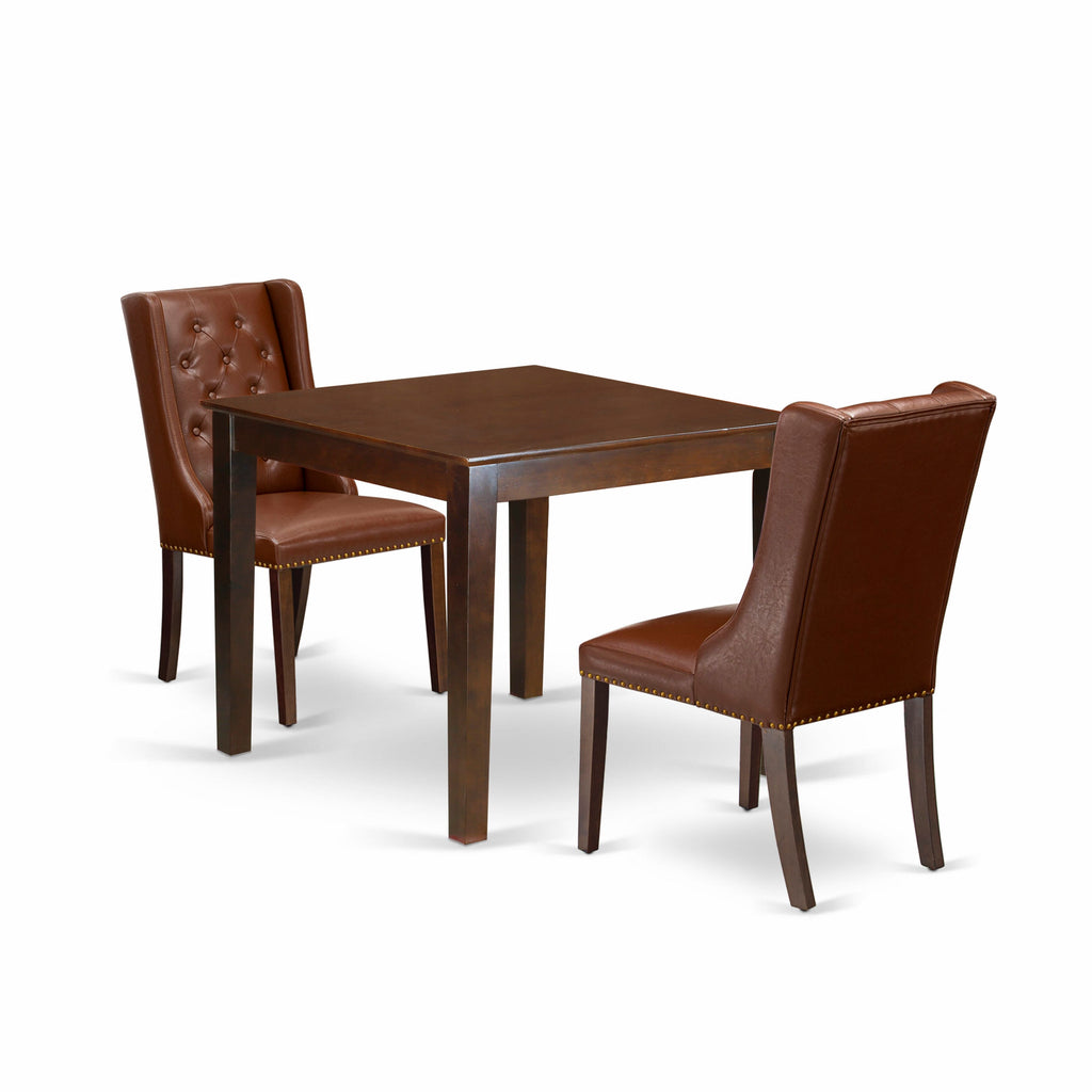 OXFO3-WK4-DJ Set with Square Table & 2 Brown Leather Parson Dining Chairs for Dining Room, 36x36, Mahogany