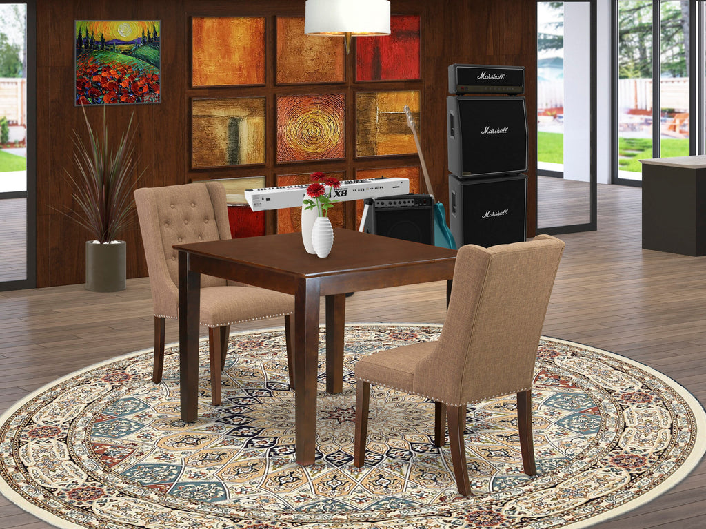 OXFO3-QVF-KH Small Space Dining Ensemble Square Table & Parson Chairs, Light Sable, Mahogany Finish