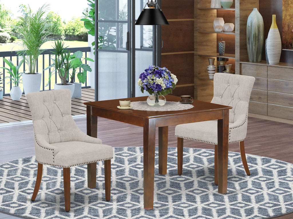 OXFR3-F54-1Y - Compact 3-Piece Dining Ensemble with Square Table and Doeskin Parsons Chairs, 36x36, Mahogany Finish