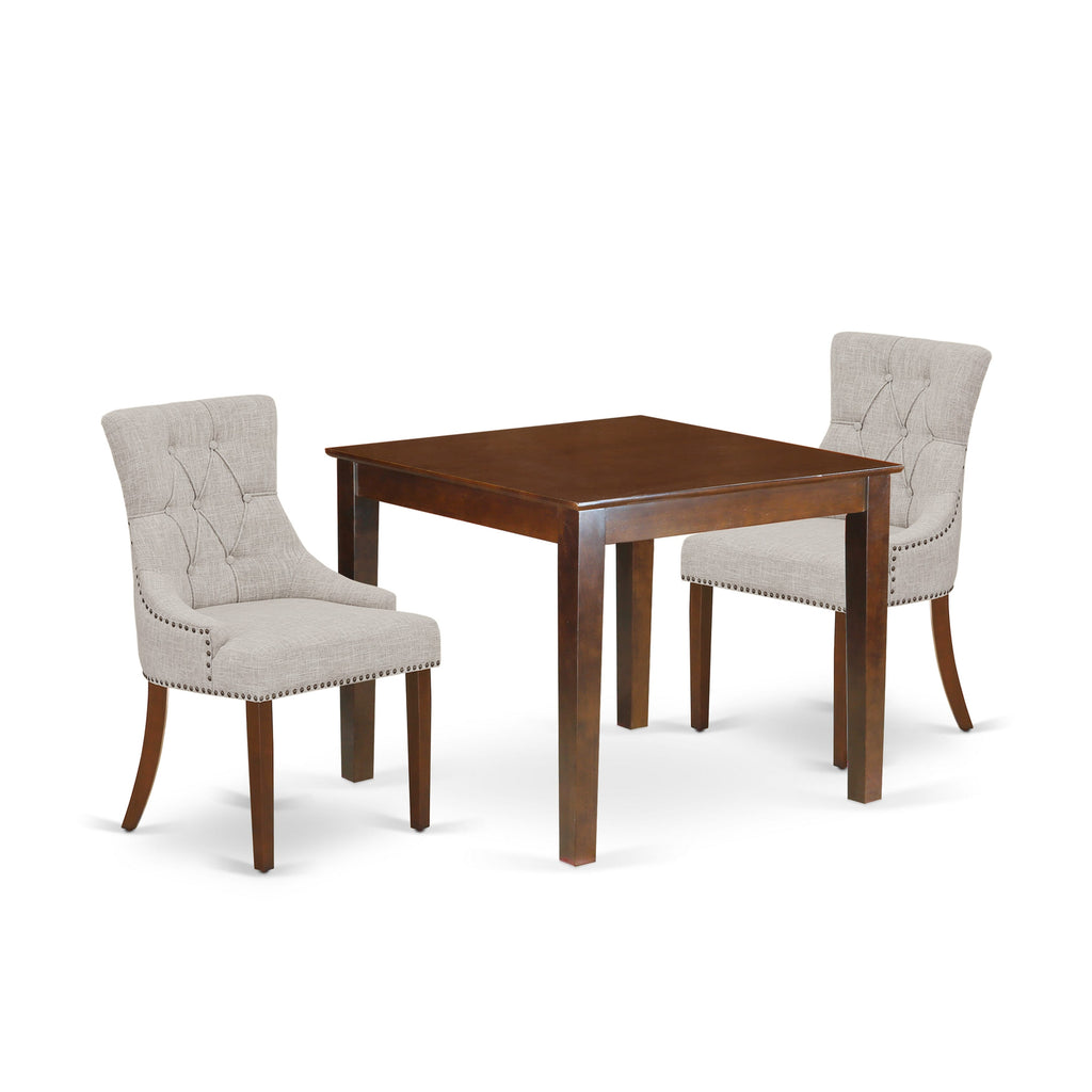 OXFR3-F54-1Y - Compact 3-Piece Dining Ensemble with Square Table and Doeskin Parsons Chairs, 36x36, Mahogany Finish