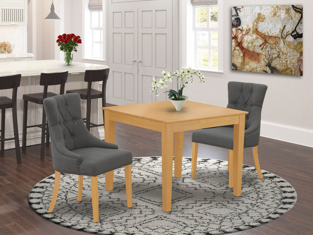 Compact Dining Set OXFR3-MVA-7D Oak-Finished Square Table with Two Upholstered Chairs in Dark Gotham Fabric, 36x36