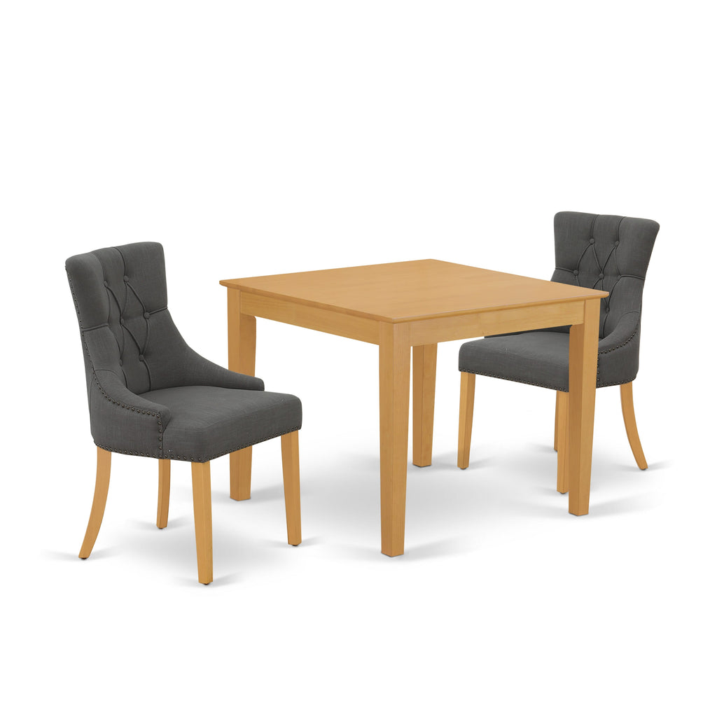 Compact Dining Set OXFR3-MVA-7D Oak-Finished Square Table with Two Upholstered Chairs in Dark Gotham Fabric, 36x36