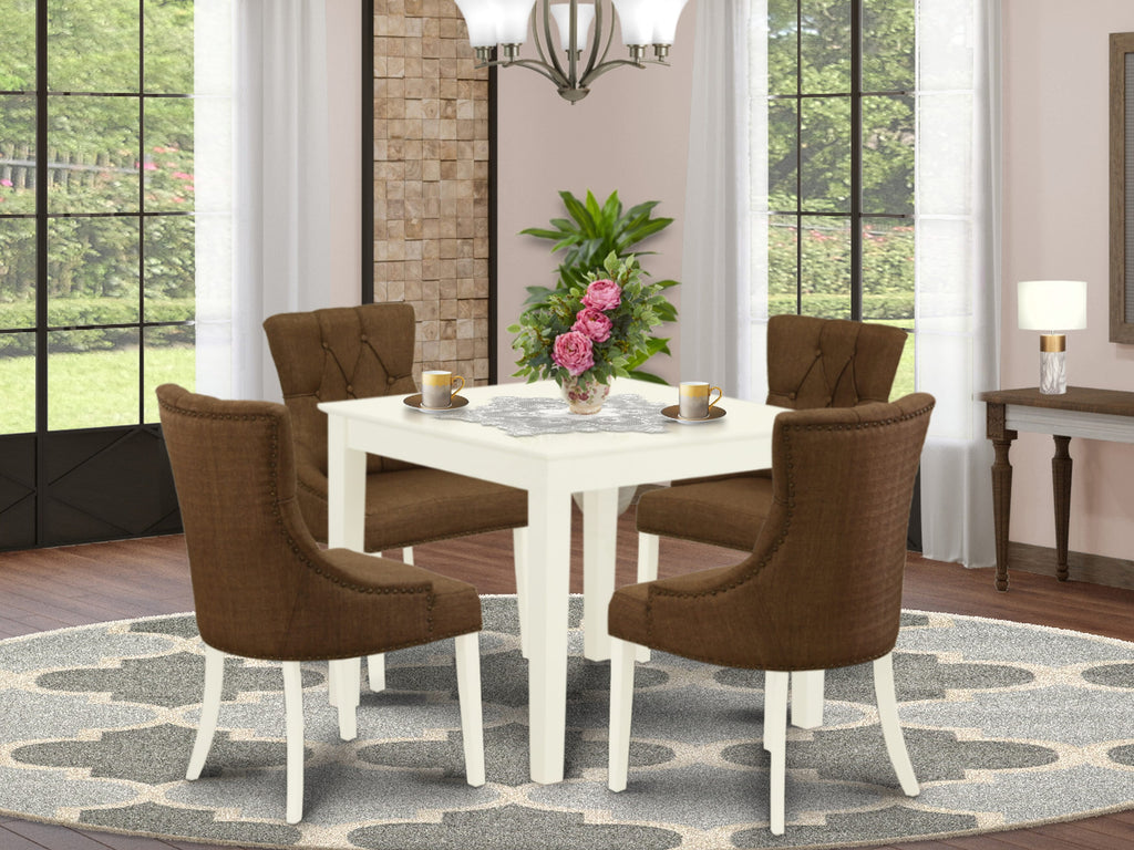 OXFR5-53M-JT 5-Piece Dining Ensemble Square Table & 4 Brown Linen Fabric Chairs - Linen White Charm