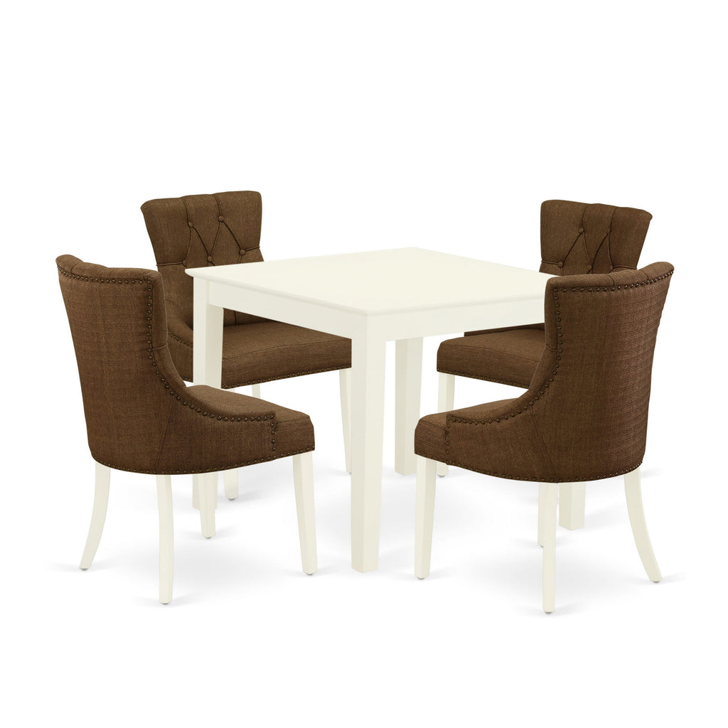 OXFR5-53M-JT 5-Piece Dining Ensemble Square Table & 4 Brown Linen Fabric Chairs - Linen White Charm