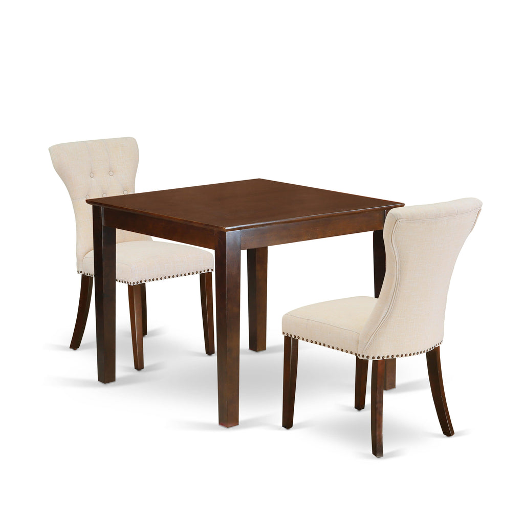 OXGA3-7SX-1S 3-Piece Dining Set with Square Mahogany Table & 2 Beige Upholstered Chairs, 36x36 inches