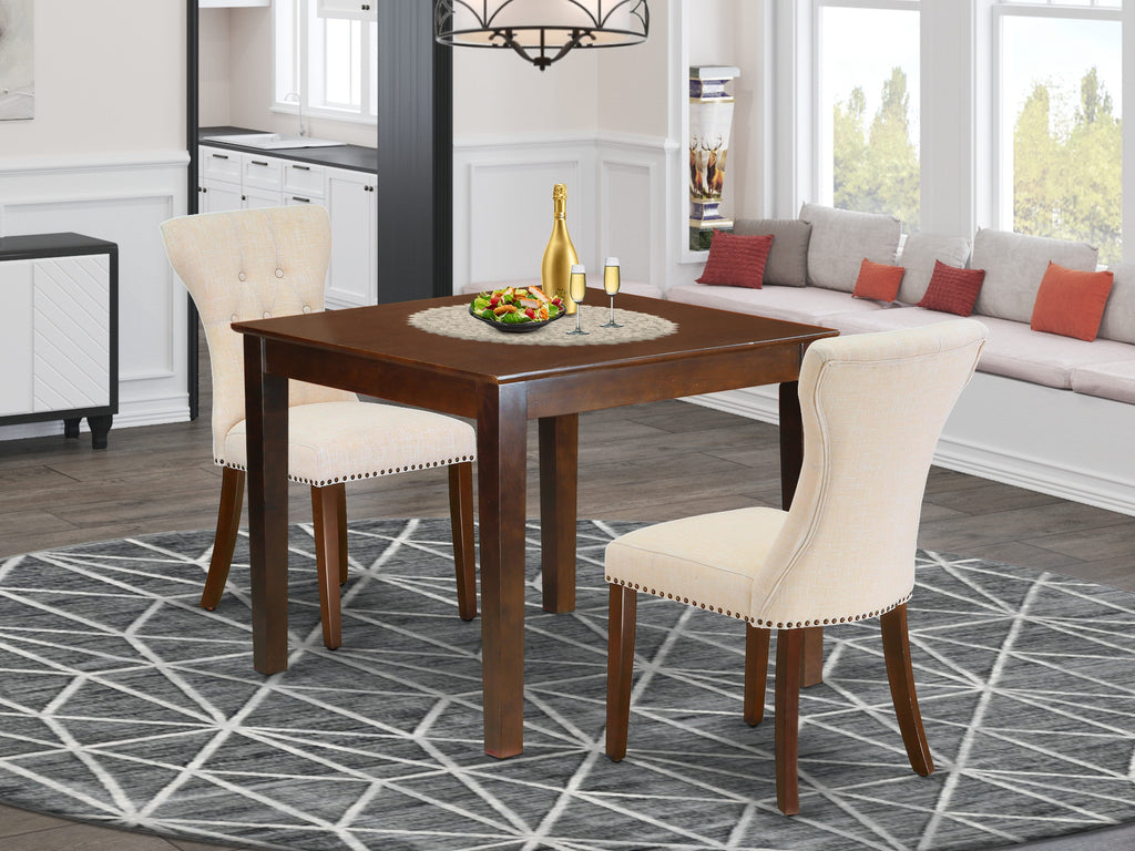 OXGA3-7SX-1S 3-Piece Dining Set with Square Mahogany Table & 2 Beige Upholstered Chairs, 36x36 inches