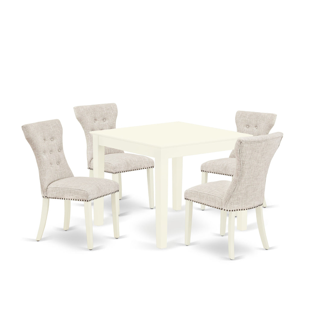 OXGA5-9G6-IK 5-Piece Set Square White Table with 4 Doeskin Linen Parson Chairs, 36 Dining Table