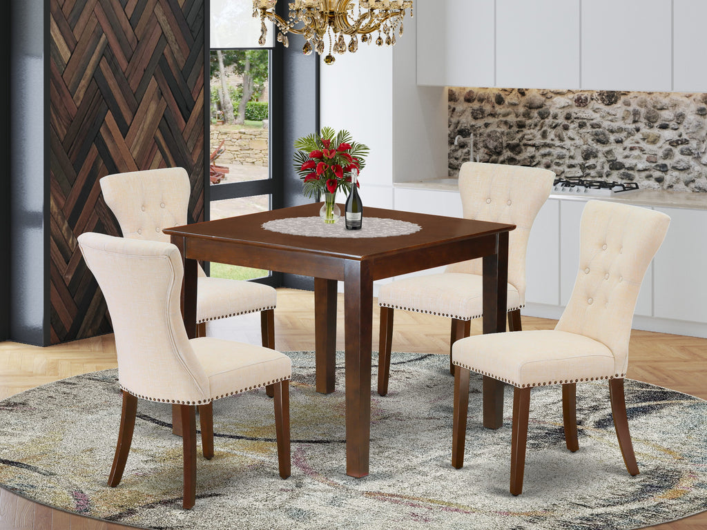 OXGA5-65Z-1M 5-Piece Dining Ensemble for Four with Square Table and Linen Chairs in Warm Mahogany
