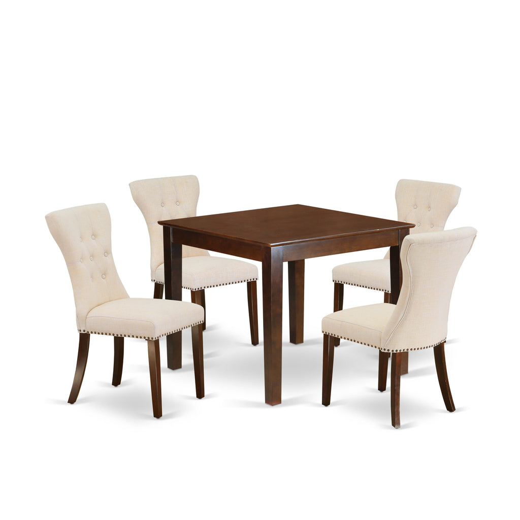 OXGA5-65Z-1M 5-Piece Dining Ensemble for Four with Square Table and Linen Chairs in Warm Mahogany
