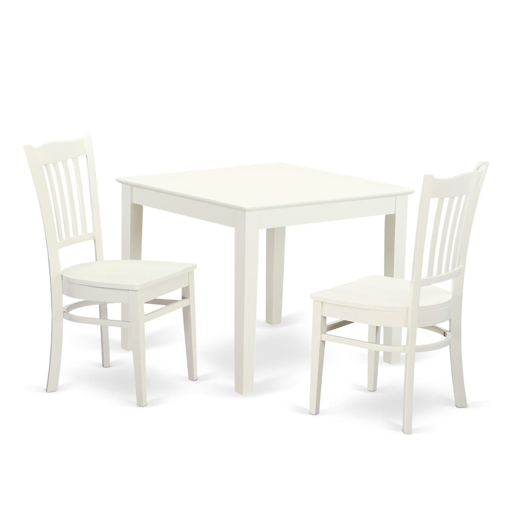 Stylish Dining Table Set OXGR3-38W-C Compact 3-Piece with Square Table and Two Chairs, 36x36, Linen White Finish