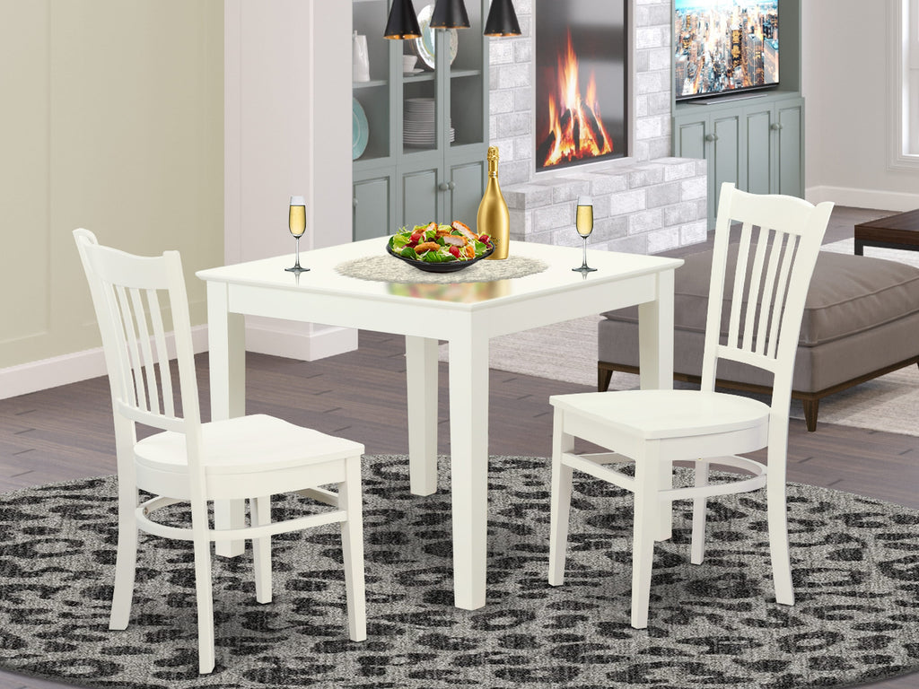 Stylish Dining Table Set OXGR3-38W-C Compact 3-Piece with Square Table and Two Chairs, 36x36, Linen White Finish