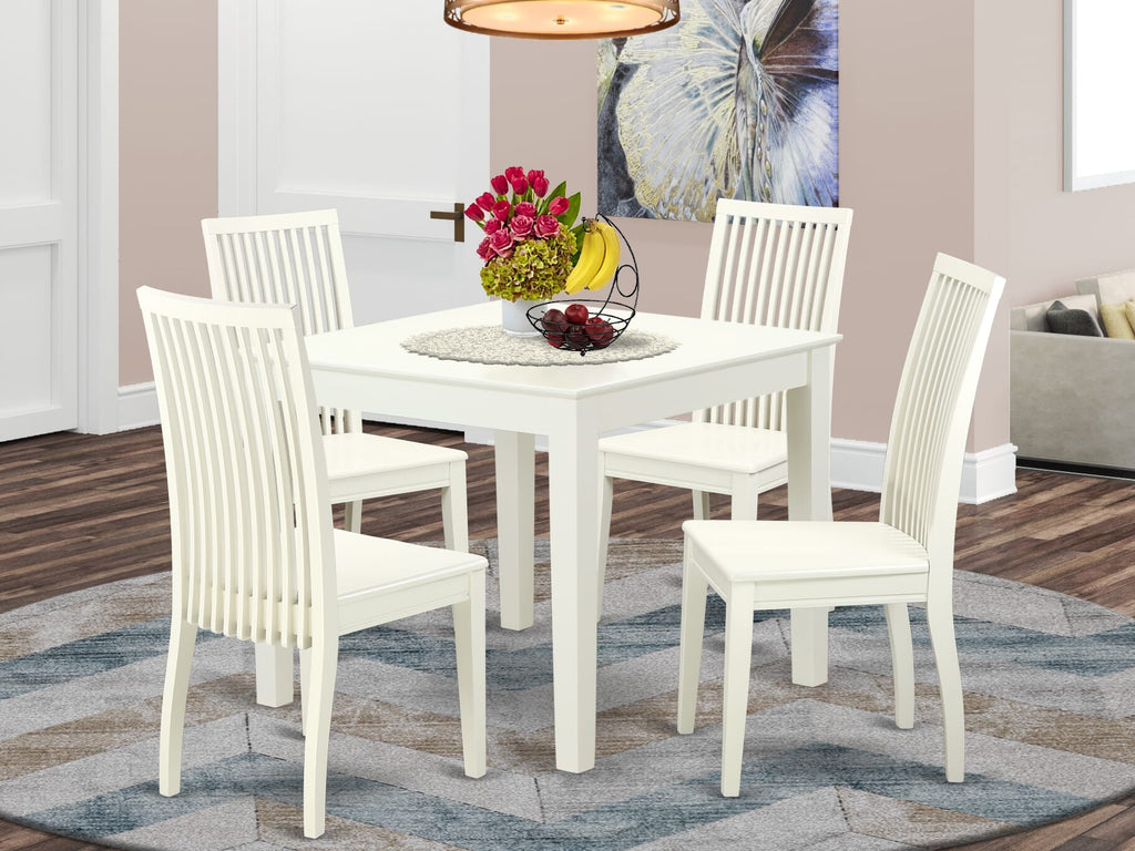 OXIP5-BXL-E Compact 5-Piece Dining Set with Square Wooden Table and 4 Chairs, 36-Inch, Crisp White Finish