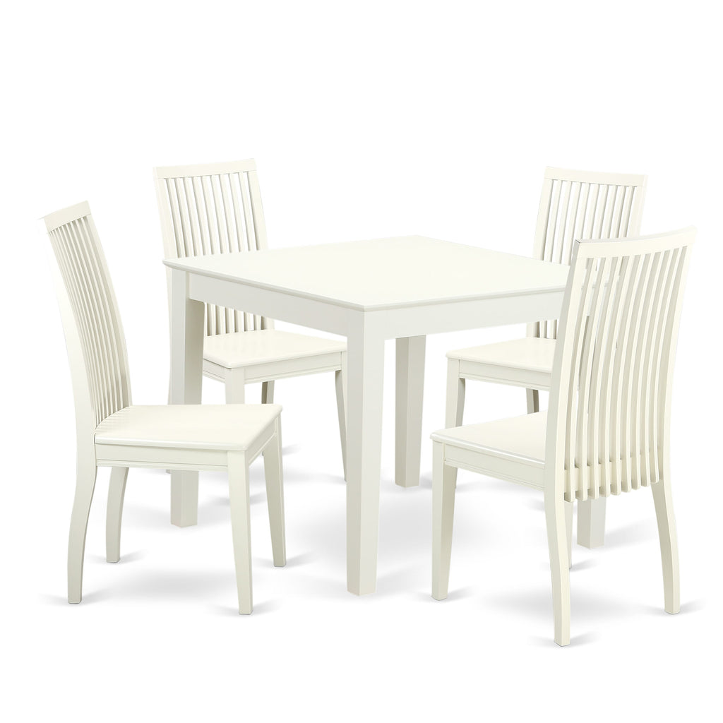 OXIP5-BXL-E Compact 5-Piece Dining Set with Square Wooden Table and 4 Chairs, 36-Inch, Crisp White Finish