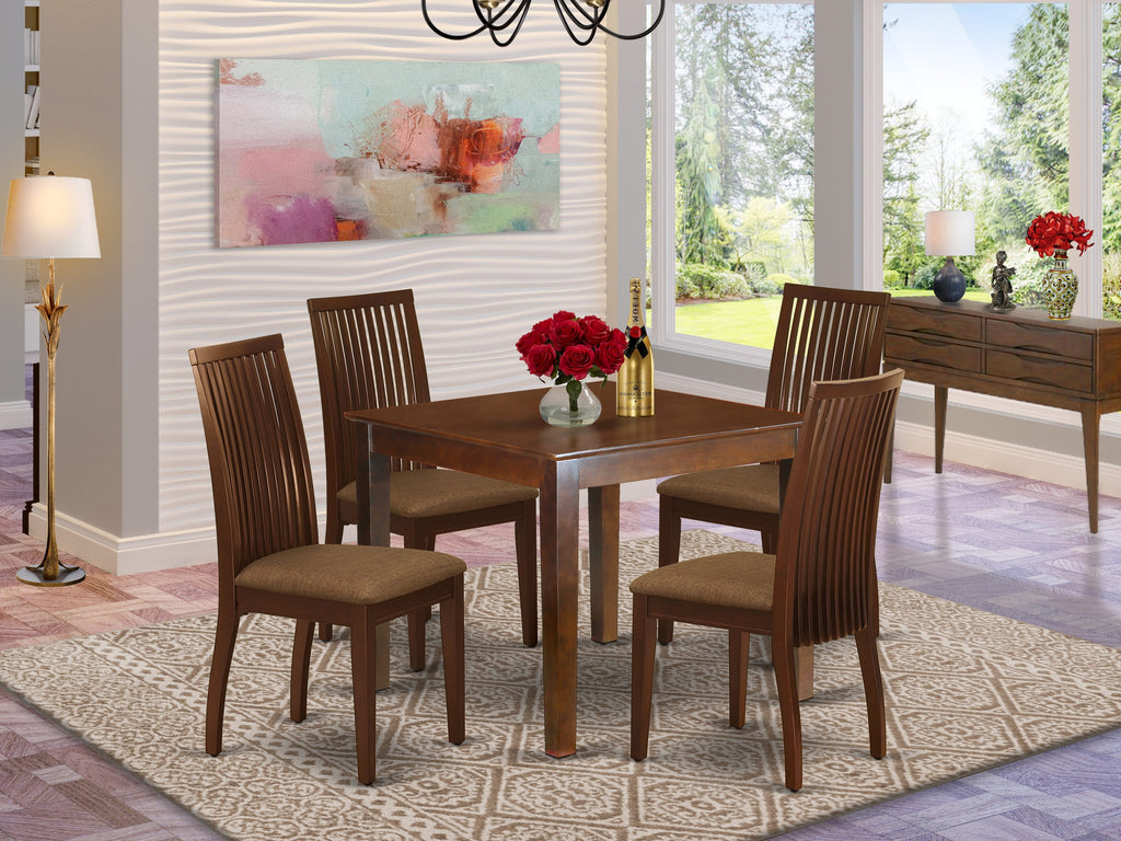 OXIP5-00N-I Elegant 5-Piece Dining Set with Square Table and Linen Upholstered Chairs, Mahogany Finish