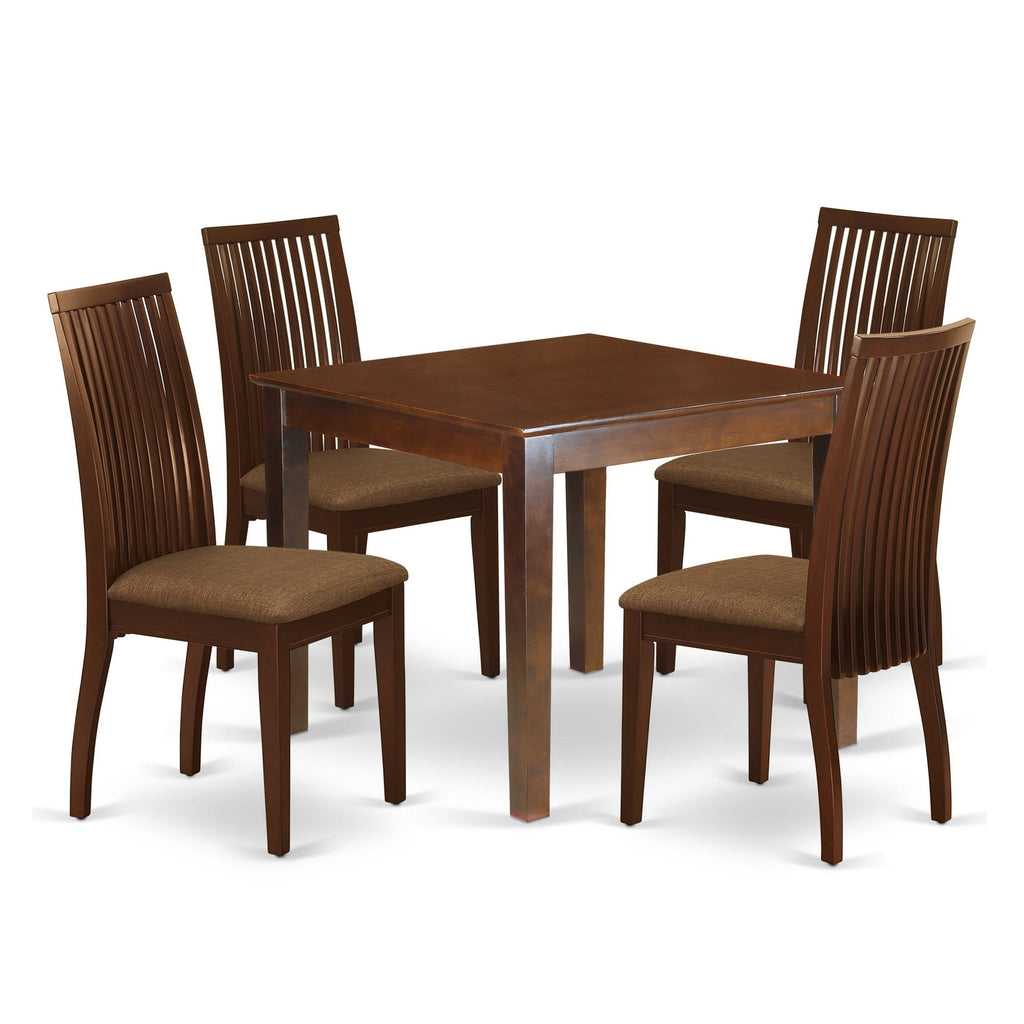 OXIP5-00N-I Elegant 5-Piece Dining Set with Square Table and Linen Upholstered Chairs, Mahogany Finish