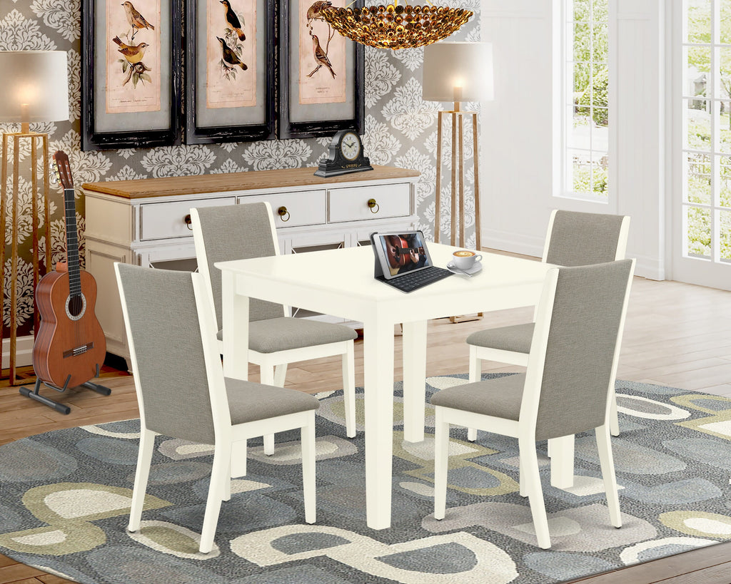 5-Piece Dining Set with Square Table & Shitake Linen Parson Chairs OXLA5-HCC-6I White and Taupe Elegance
