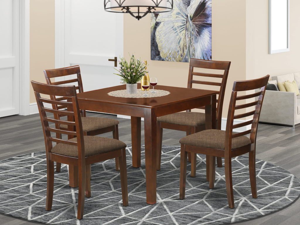 OXML5-12S-U - Elegant 5 Pc Square Table Set with Linen Chairs, Mahogany, 36x36