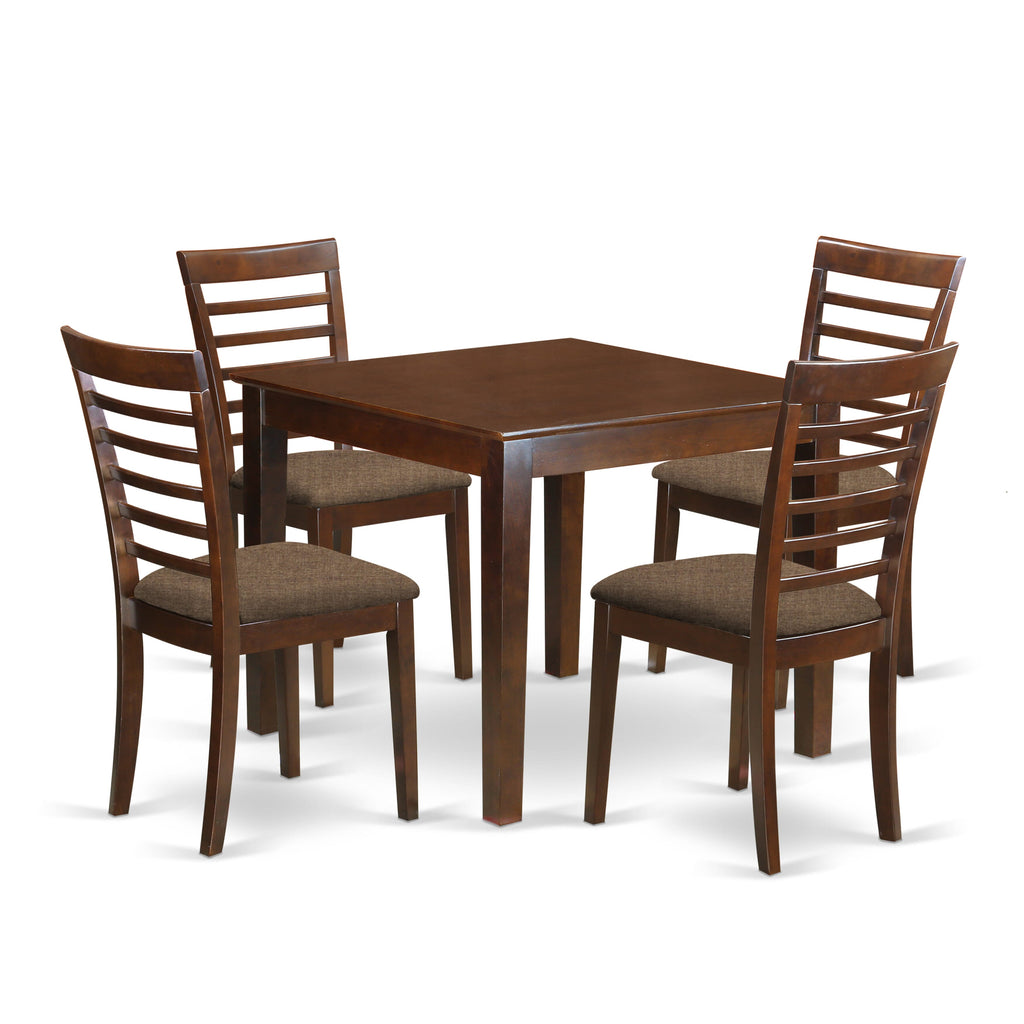 OXML5-12S-U - Elegant 5 Pc Square Table Set with Linen Chairs, Mahogany, 36x36