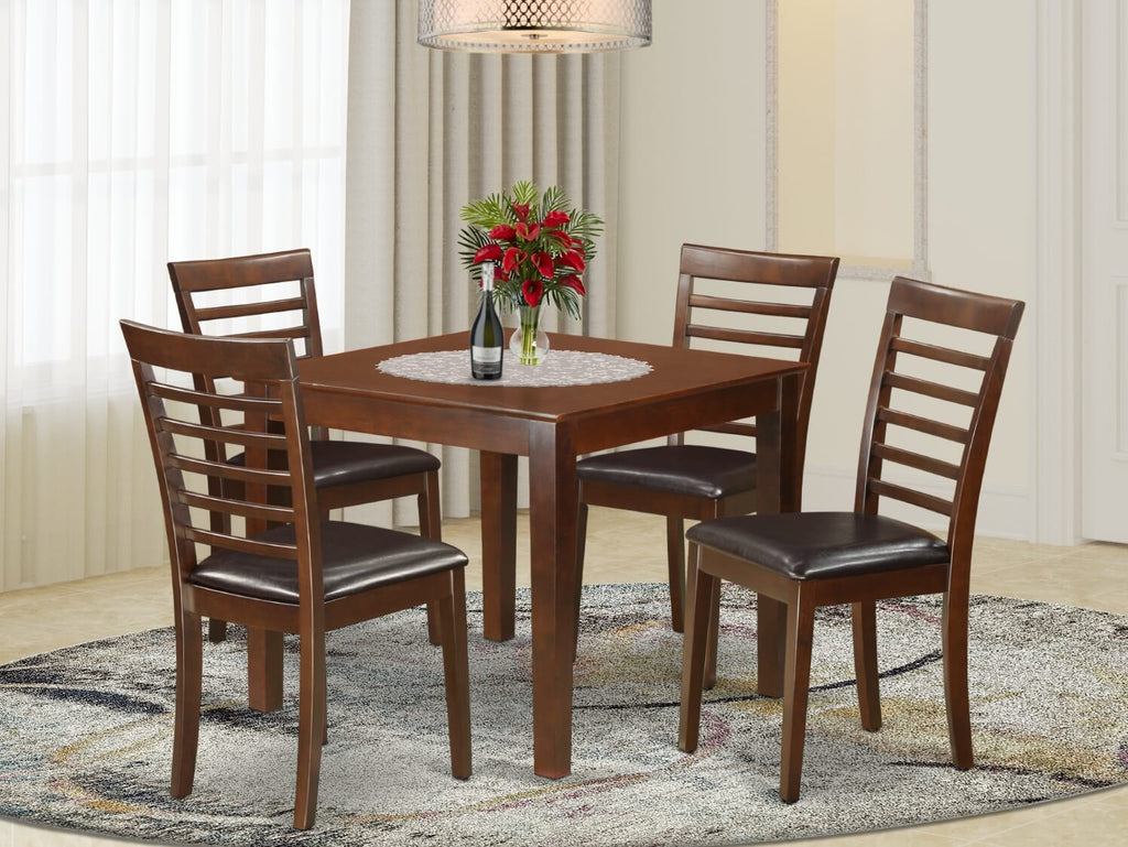 Elevate Your Dining Space with OXML5-D4T-FI Stylish Set featuring 5 Pieces, Square Wooden Table & 4 Faux Leather Chairs, 36-Inch Mahogany Charm