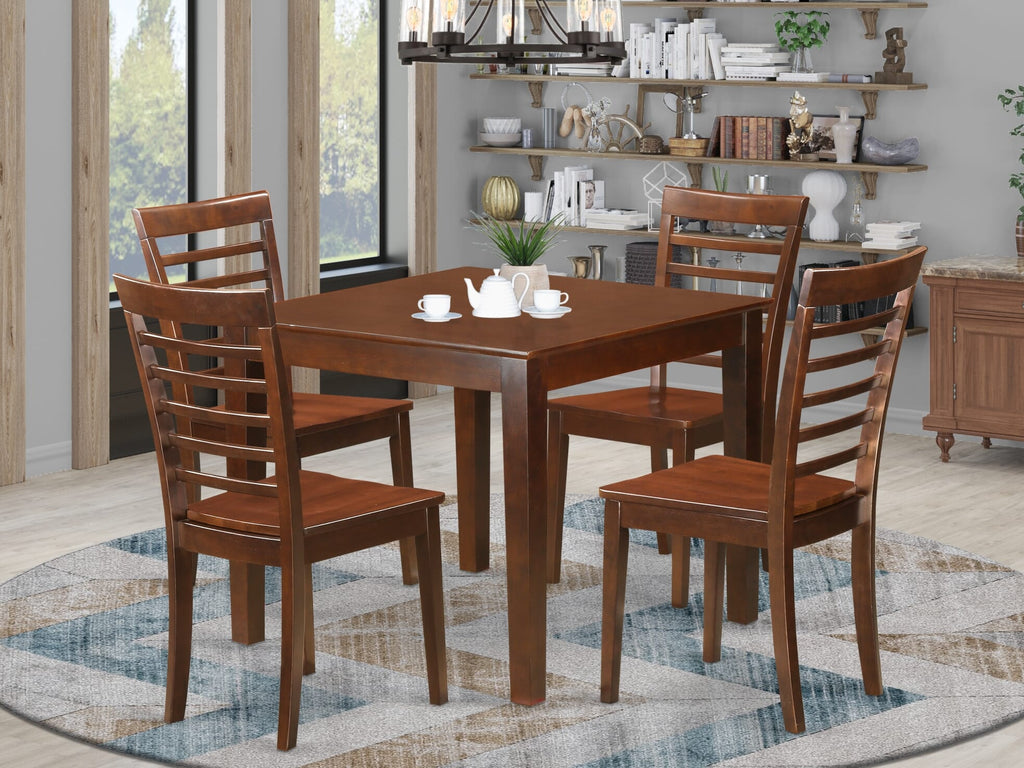OXML5-QV8-N 5-Piece Square Dining Ensemble with Mahogany Finish & 4 Chairs for Compact Spaces