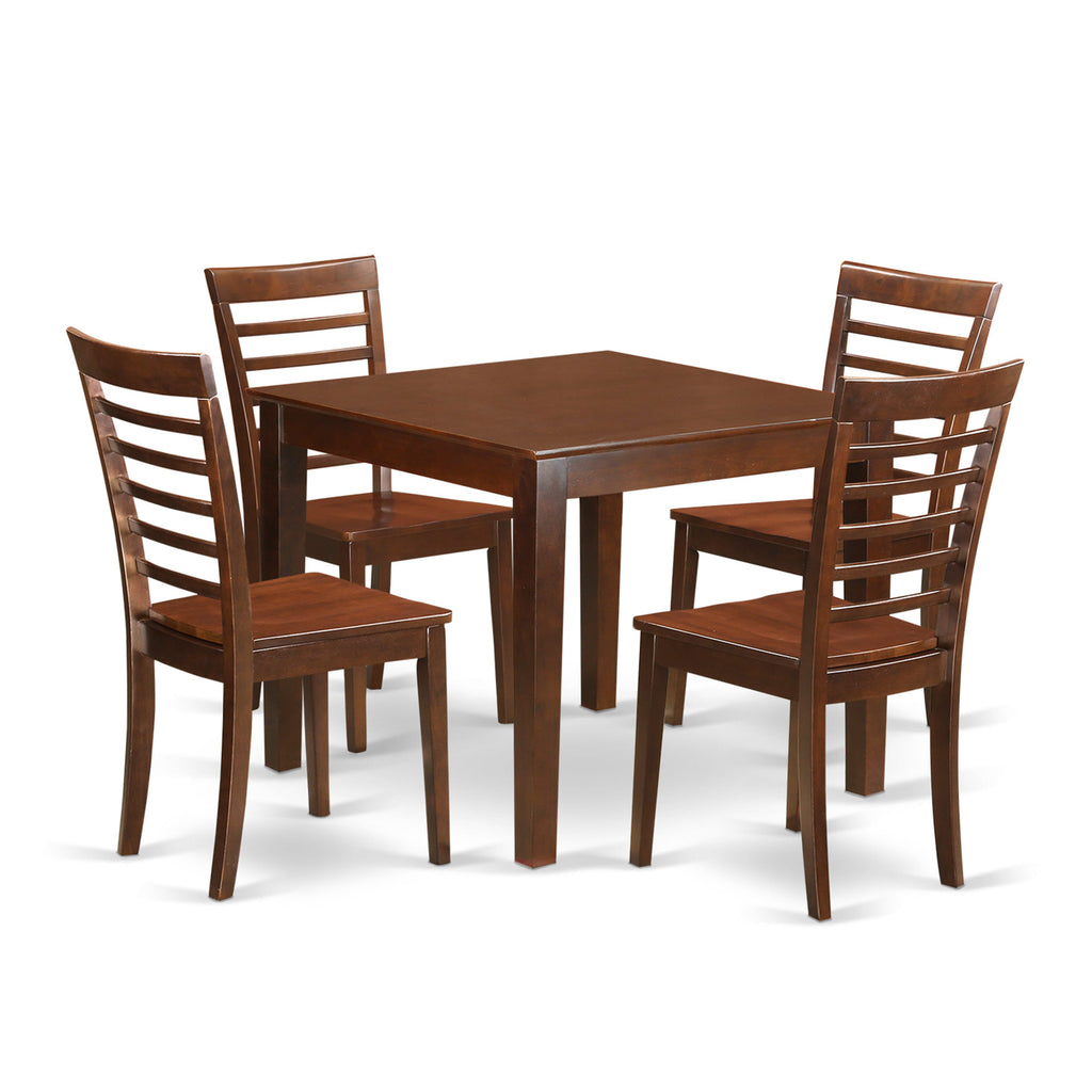 OXML5-QV8-N 5-Piece Square Dining Ensemble with Mahogany Finish & 4 Chairs for Compact Spaces