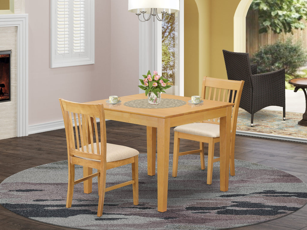 Complete Dining Set with OXNO3-4VQ-2 Square Table and Linen-Seated Pair for Cozy Kitchens, Oak Finish