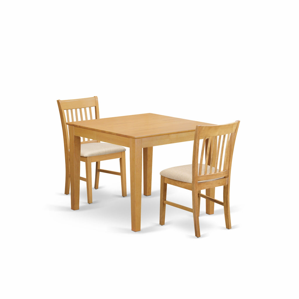 Complete Dining Set with OXNO3-4VQ-2 Square Table and Linen-Seated Pair for Cozy Kitchens, Oak Finish