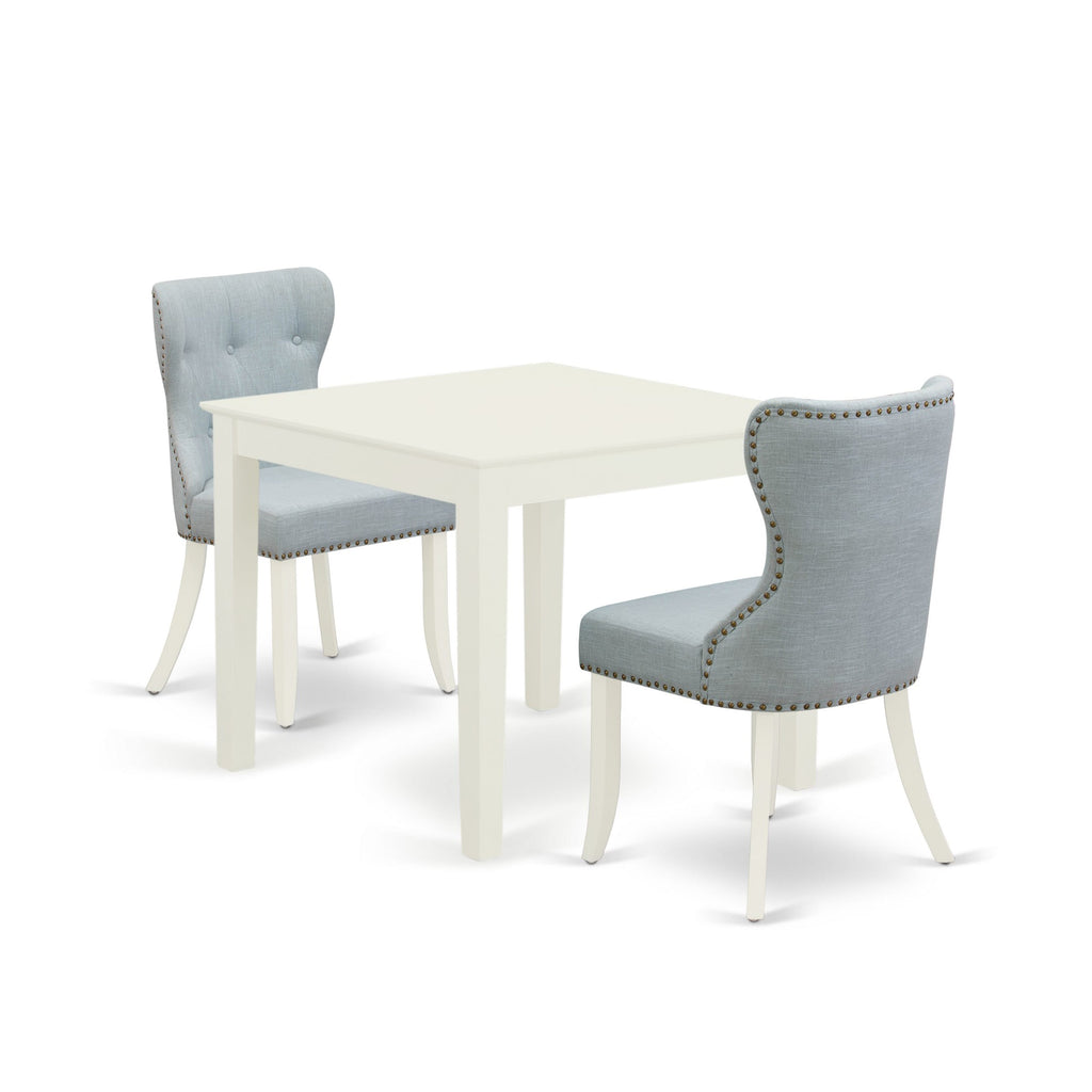 OXSI3-8J1-TL Elegant 3 Piece Dining Set with Baby Blue Fabric Chairs & Square Table 36 in Chic Linen White