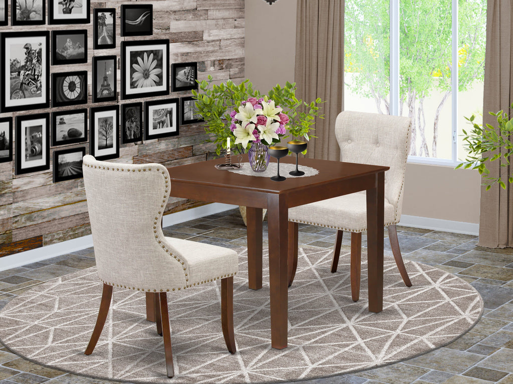 Experience OXSI3-FZF-WV Dining Bliss with Mahogany Square Table and Luxe Fabric Chairs, 3-Piece Set