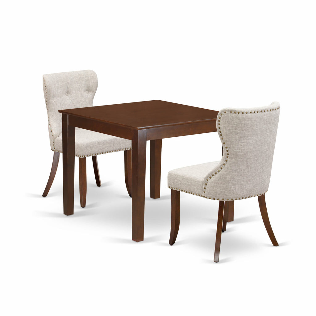 Experience OXSI3-FZF-WV Dining Bliss with Mahogany Square Table and Luxe Fabric Chairs, 3-Piece Set