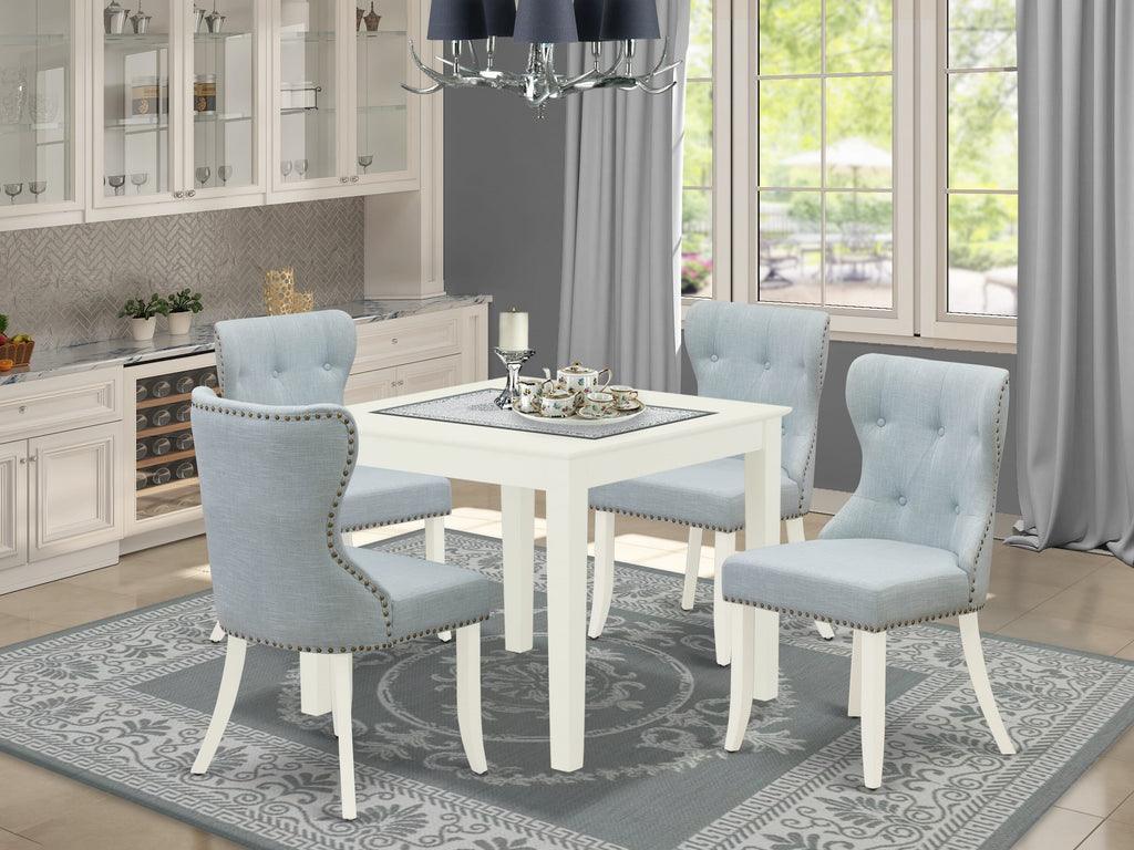 Dining Delight OXSI5-W14-0K Square Table Set with 4 Upholstered Parson Chairs, Elegant Linen White Finish, 36x36 Inch