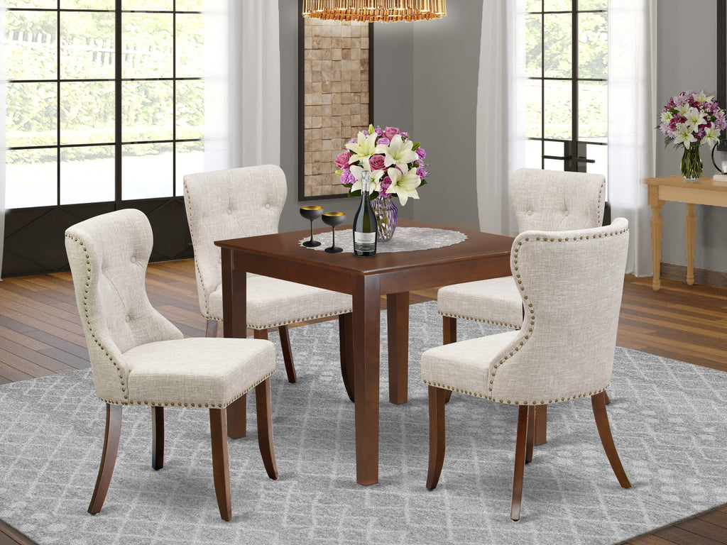 OXSI5-FN2-94 Luxurious 5-Piece Square Dining Set with Mahogany Table and 4 Elegant Doeskin Parson Chairs, 36