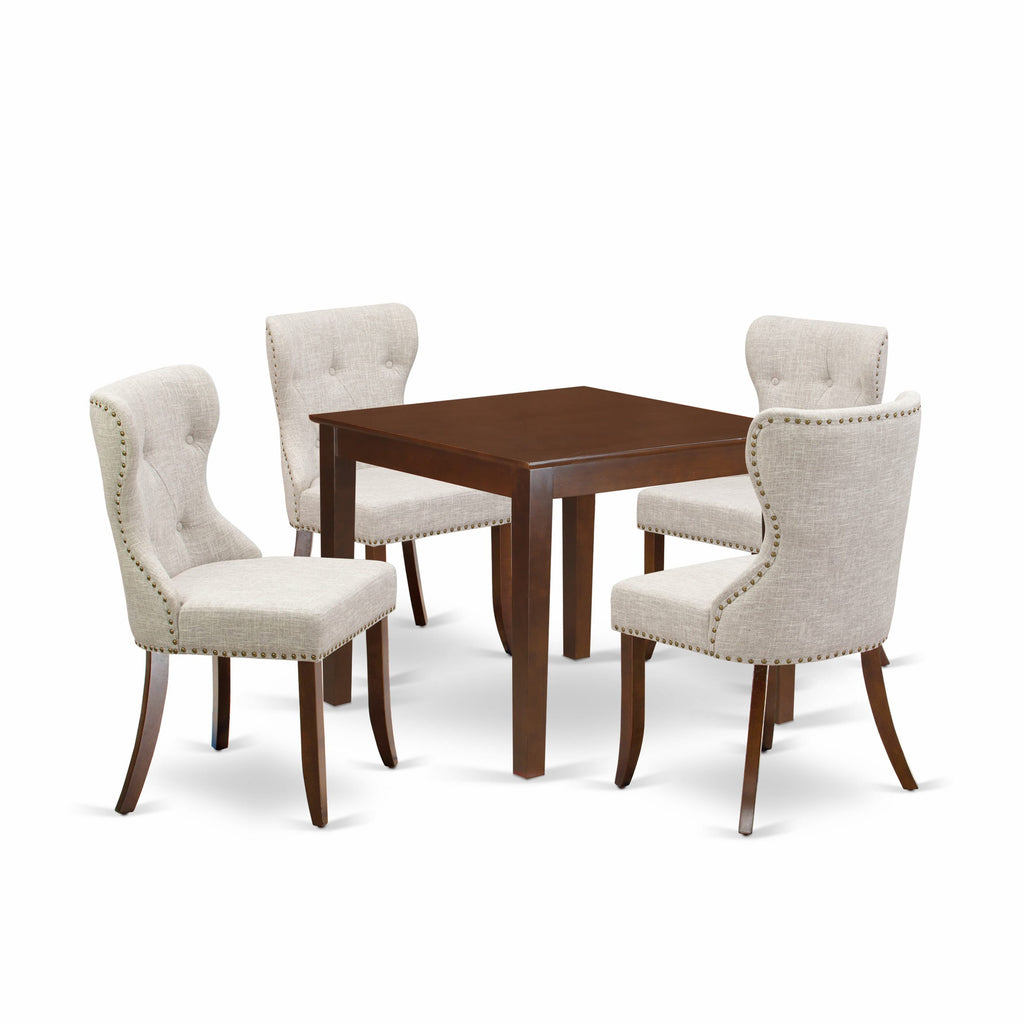 OXSI5-FN2-94 Luxurious 5-Piece Square Dining Set with Mahogany Table and 4 Elegant Doeskin Parson Chairs, 36