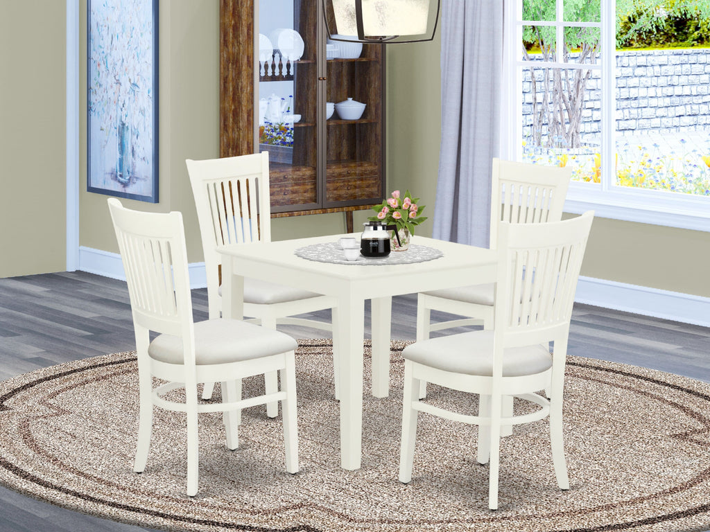 OXVA5-X11-Z Elegant 5 Piece Dining Set with Square Wooden Table and 4 Comfy Linen Chairs, 36 White Finish