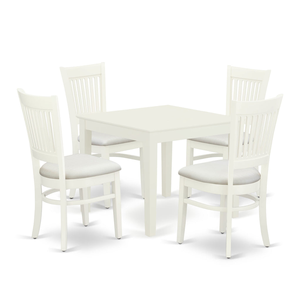OXVA5-X11-Z Elegant 5 Piece Dining Set with Square Wooden Table and 4 Comfy Linen Chairs, 36 White Finish