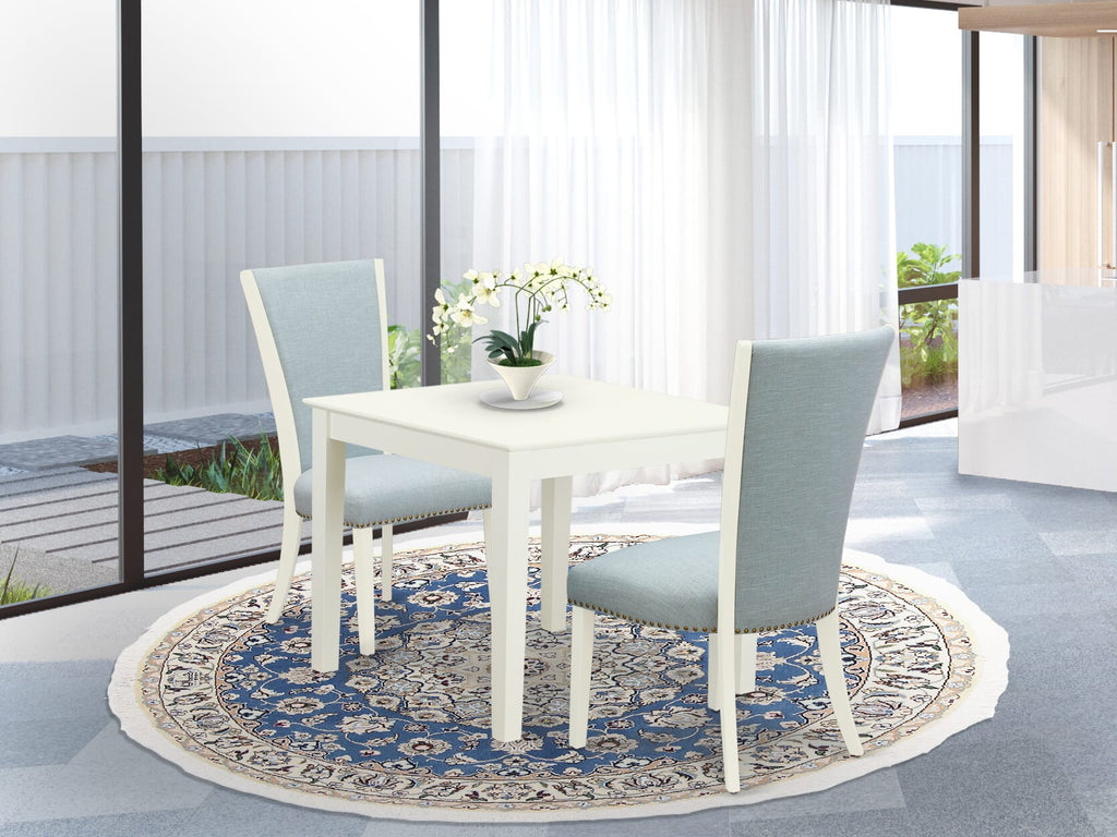 Dining Table Set OXVE3-GK4-WH Compact Square Table with 2 Blue Linen Chairs, 36x36, Linen White Finish