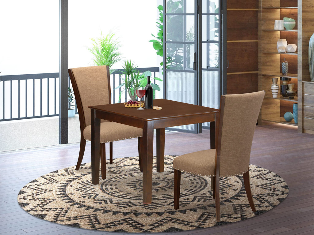 OXVE3-6YQ-UQ Three-Piece Kitchen Set Featuring a 36 Square Dining Table with Two Elegant Parson Chairs in Rich Mahogany