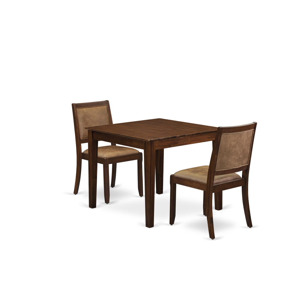 OXX23-32V-81 3-Piece Antique Wooden Dining Set with Square Table & Leather Chairs, Walnut Tint