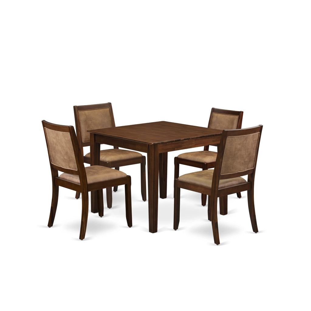 OXX25-WWY-9U Chic Dining Ensemble 5-Piece Square Table with Vintage Walnut Finish & 4 Stackable Faux Leather Seats