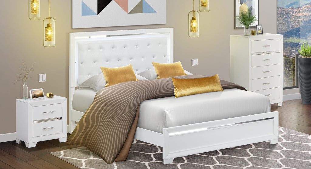 PA05-M7F6GS Pandora 3-Piece Bedroom Collection Queen Bed, Nightstand, Chest in Timeless White Design