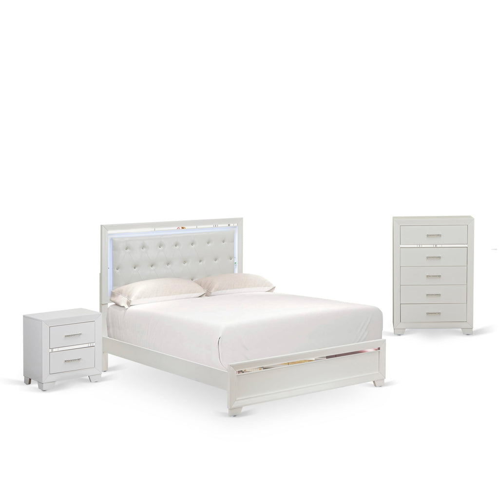 PA05-M7F6GS Pandora 3-Piece Bedroom Collection Queen Bed, Nightstand, Chest in Timeless White Design