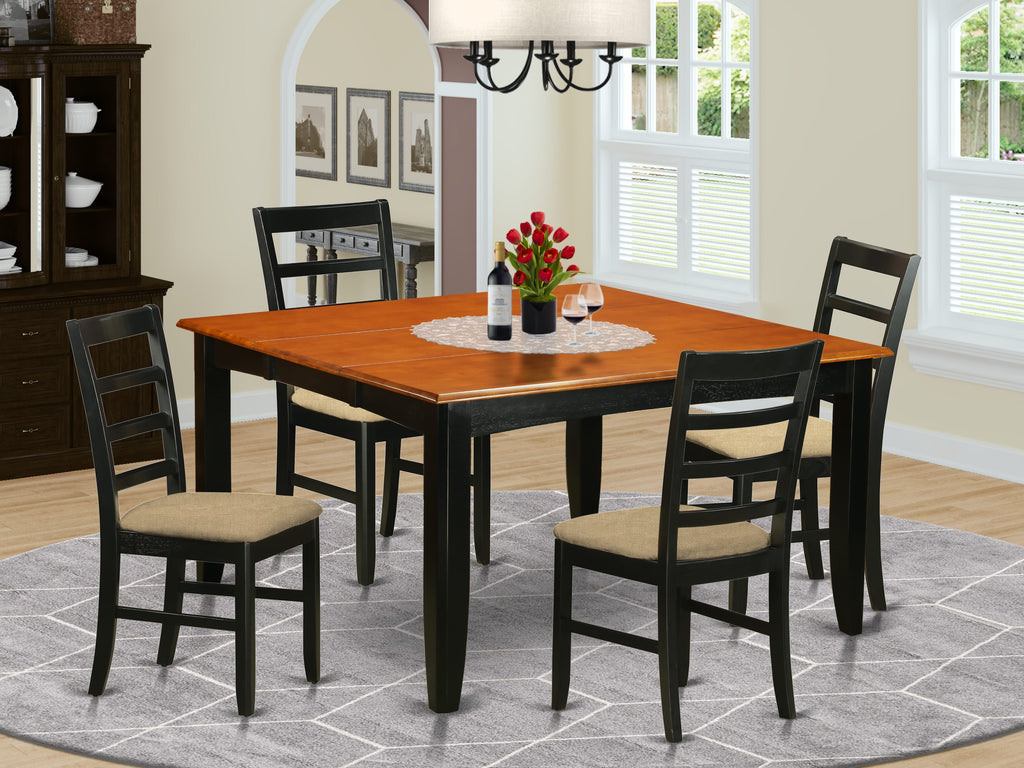 PARF5-PPC-D 5-Piece Dining Ensemble, Square Extendable Table with Leaf & 4 Linen Seats, Black/Cherry Finish, 54x54