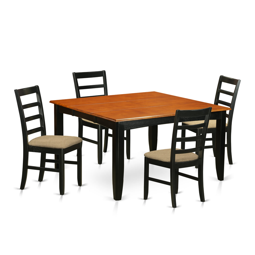 PARF5-PPC-D 5-Piece Dining Ensemble, Square Extendable Table with Leaf & 4 Linen Seats, Black/Cherry Finish, 54x54