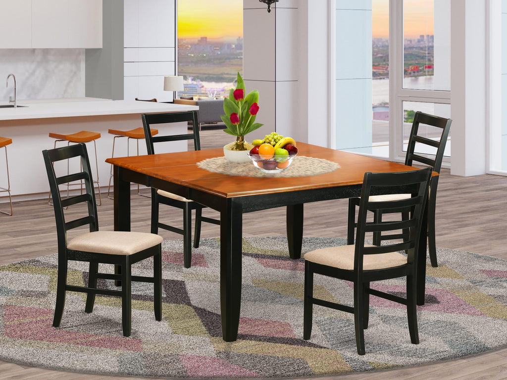 PARF5-57I-3 Five-Piece Dining Suite Featuring Square Table with Extension Leaf and Four Elegant Fabric Chairs, 54x54, Black & Cherry