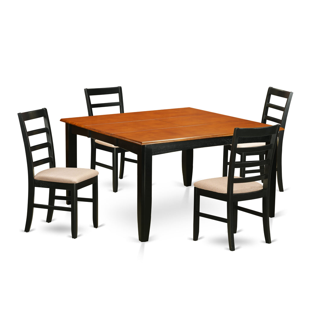 PARF5-57I-3 Five-Piece Dining Suite Featuring Square Table with Extension Leaf and Four Elegant Fabric Chairs, 54x54, Black & Cherry