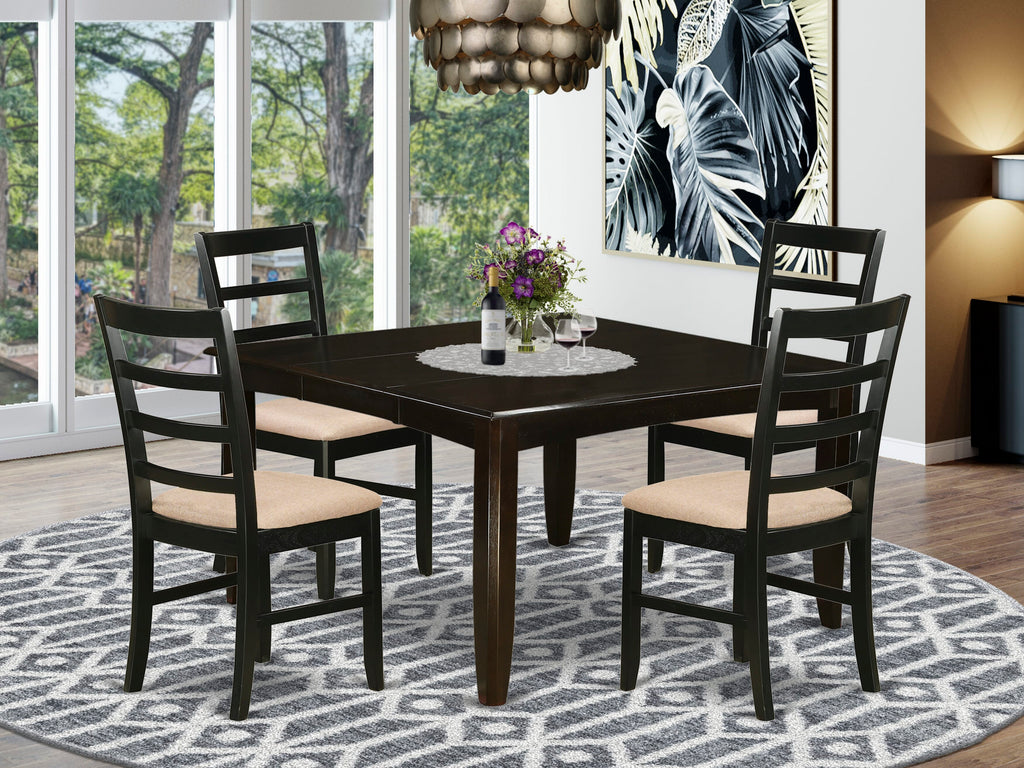 PARF5-70R-7 5-Piece Square Dining Ensemble Table with Butterfly Leaf & Linen Chairs, Cappuccino Finish
