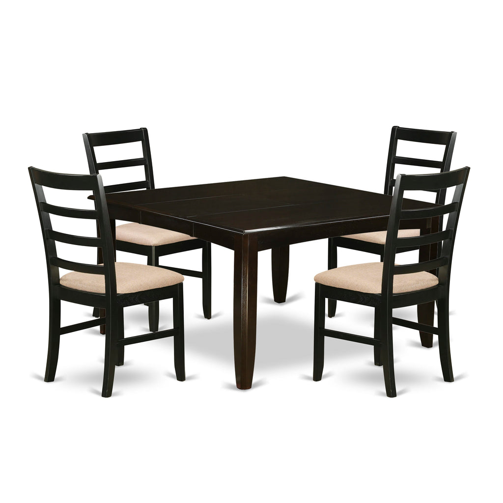 PARF5-70R-7 5-Piece Square Dining Ensemble Table with Butterfly Leaf & Linen Chairs, Cappuccino Finish