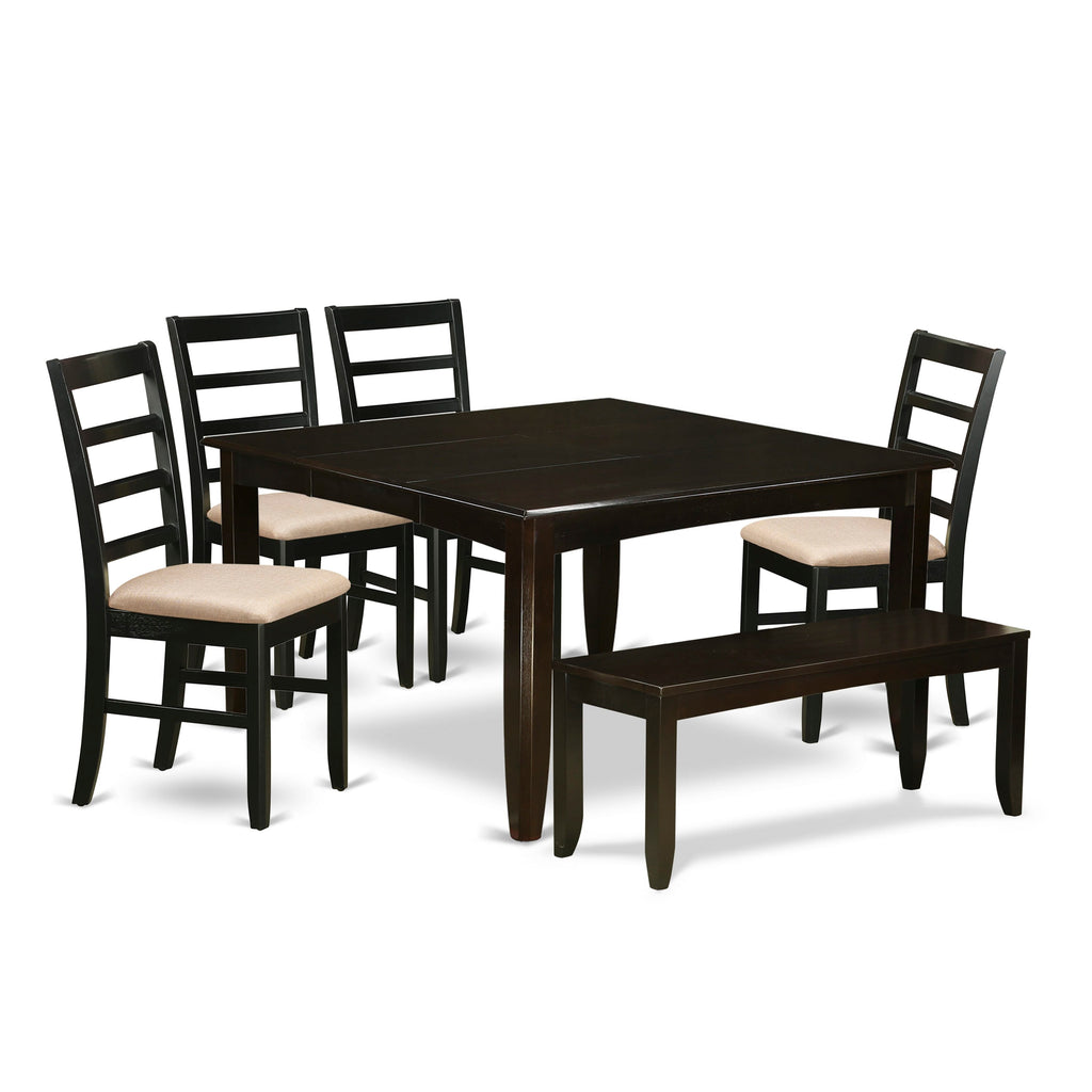 PARF6-8E5-J 6-Piece Cappuccino Dining Set with Linen Chairs, Square Table with Butterfly Leaf & Bench