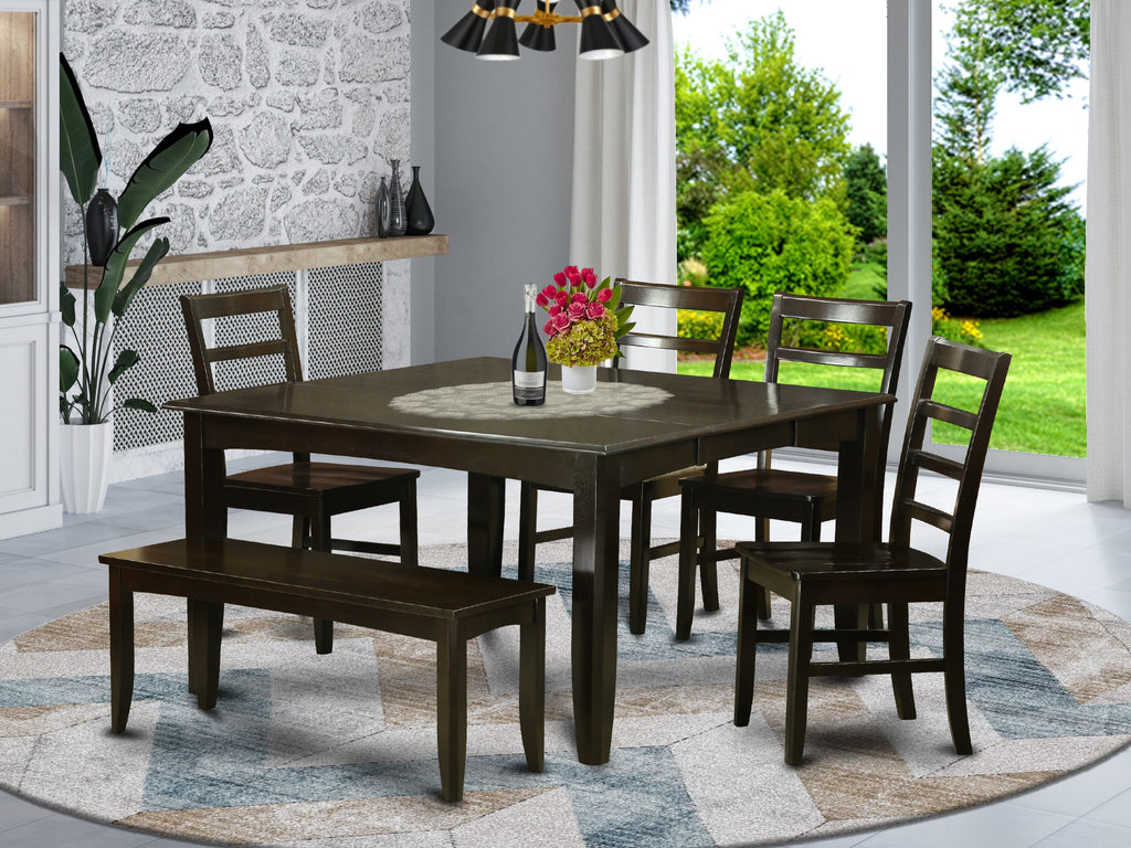 Dining Set PARF6-X0B-G 6-Piece Set with Square Table, Butterfly Leaf, Bench, & Chairs in Rich Cappuccino Finish (54x54)
