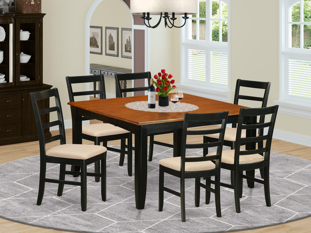 PARF7-6P5-Q - 7 Pc Chic Dining Set Square Table w/ Butterfly Leaf & 6 Linen Chairs in Black & Cherry, 54x54 In